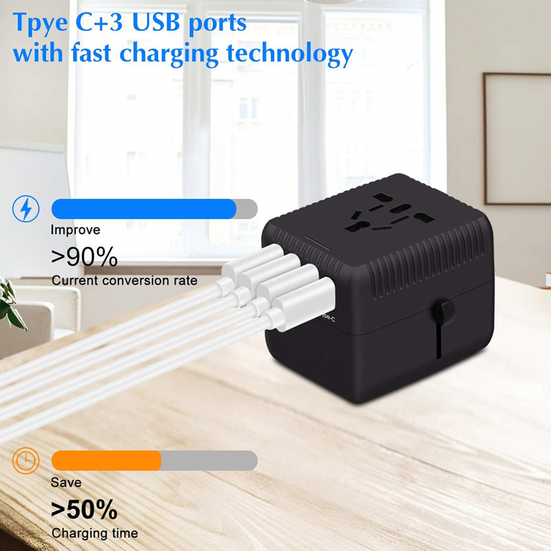 PDユニバーサルトラベルアダプター5Aスマートパワーおよび3.0A USB Type-C（米国EU英国AUS用）付き1つの国際ウォールチャージャーACプラグアダプター